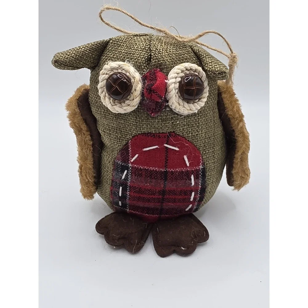Rustic Burlap And Plaid Owl Christmas Ornament